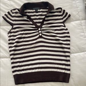 Striped Brown and White Collared Knit  Top